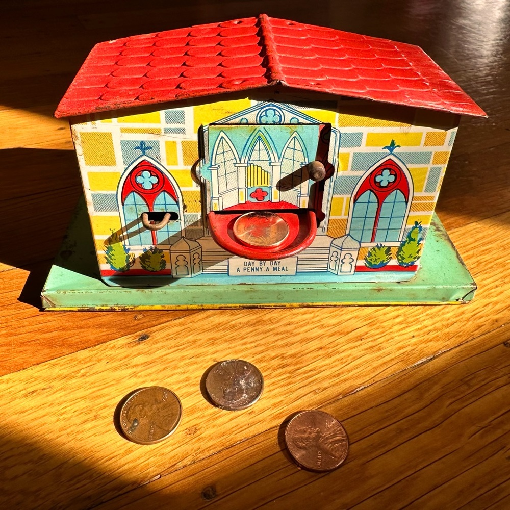 Vintage J.Chein Mechanical Tin Church Bank - works great- “A penny a meal”…